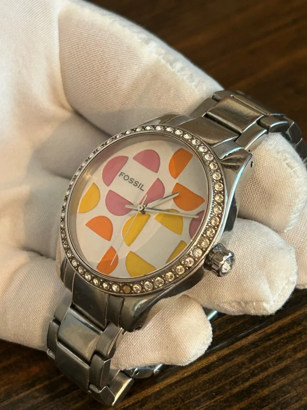 Fossil Silver Bracelet Watch with Pink, Orange and Yellow Accents